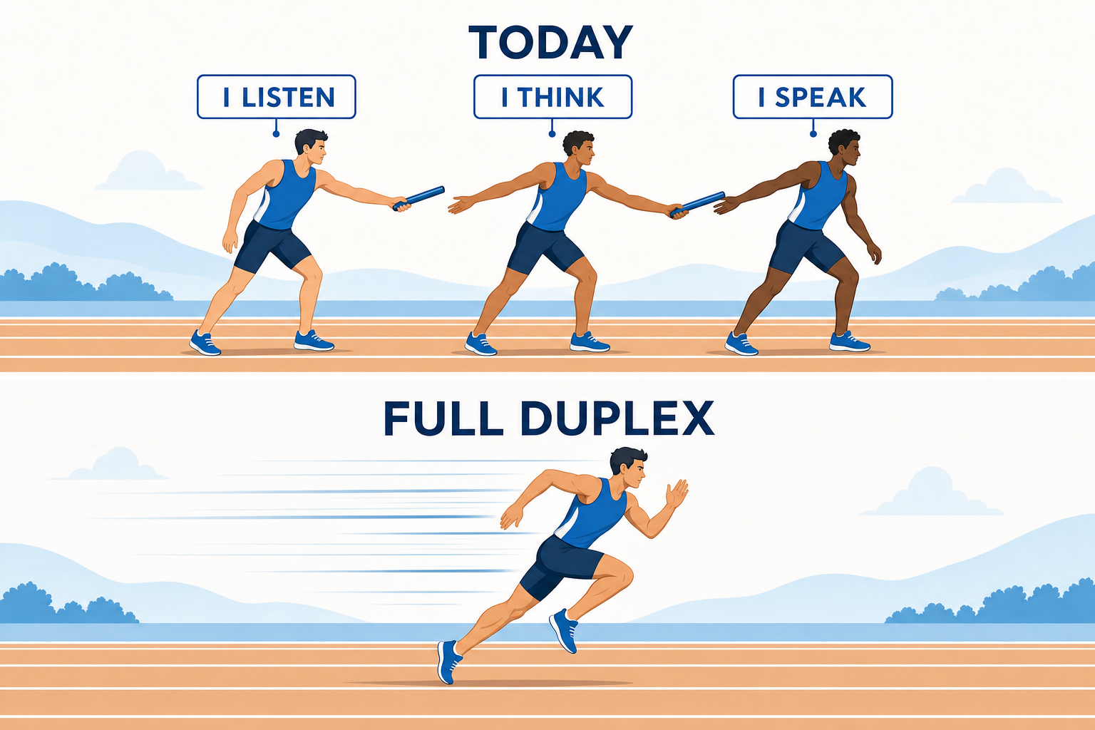 Illustration comparing a relay race with three runners waiting and a single runner sprinting alone