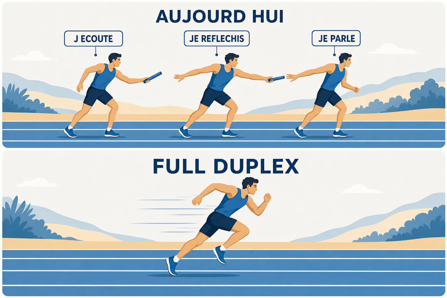 Illustration comparant une course de relais a trois coureurs qui s attendent et un coureur unique qui sprinte seul