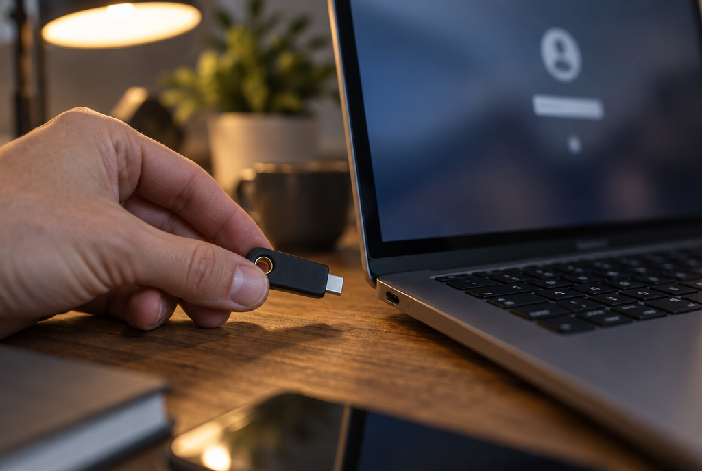 Gros plan sur une main qui tient une petite clé de sécurité USB noire, de la taille d'un ongle de pouce, sur le point de l'insérer dans le port d'un ordinateur portable ouvert sur une page de connexion