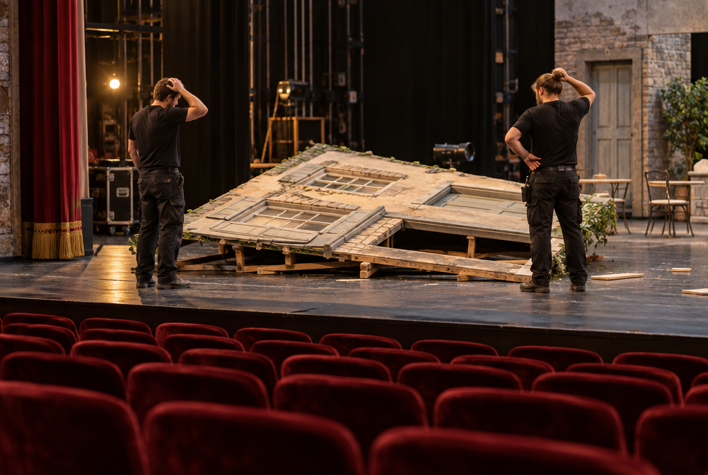 On an empty theater stage during a rehearsal, a cardboard set piece has fallen flat, and two technicians in black look at it, perplexed, in front of rows of empty red seats