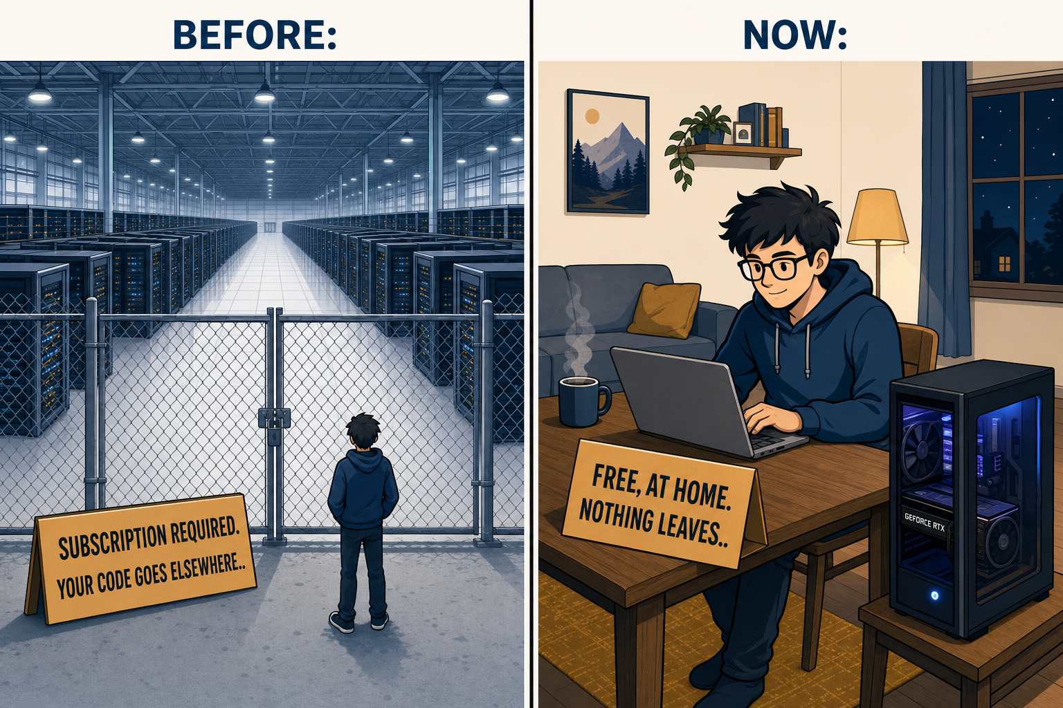 Comparison between a closed data center behind a fence and a living room where a developer runs the model at home