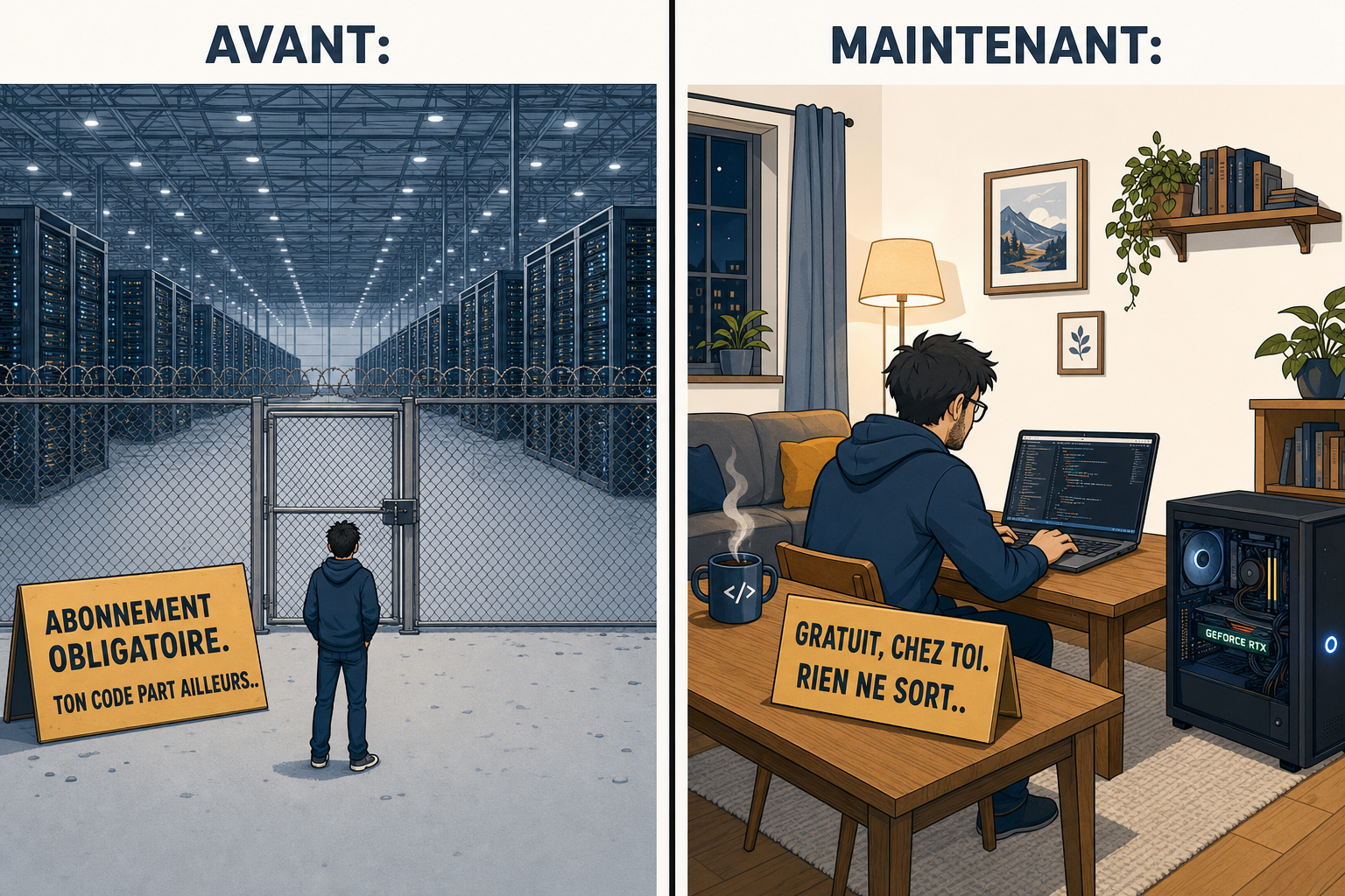 Comparaison entre un centre de données fermé derrière un grillage et un salon où un développeur fait tourner le modèle chez lui