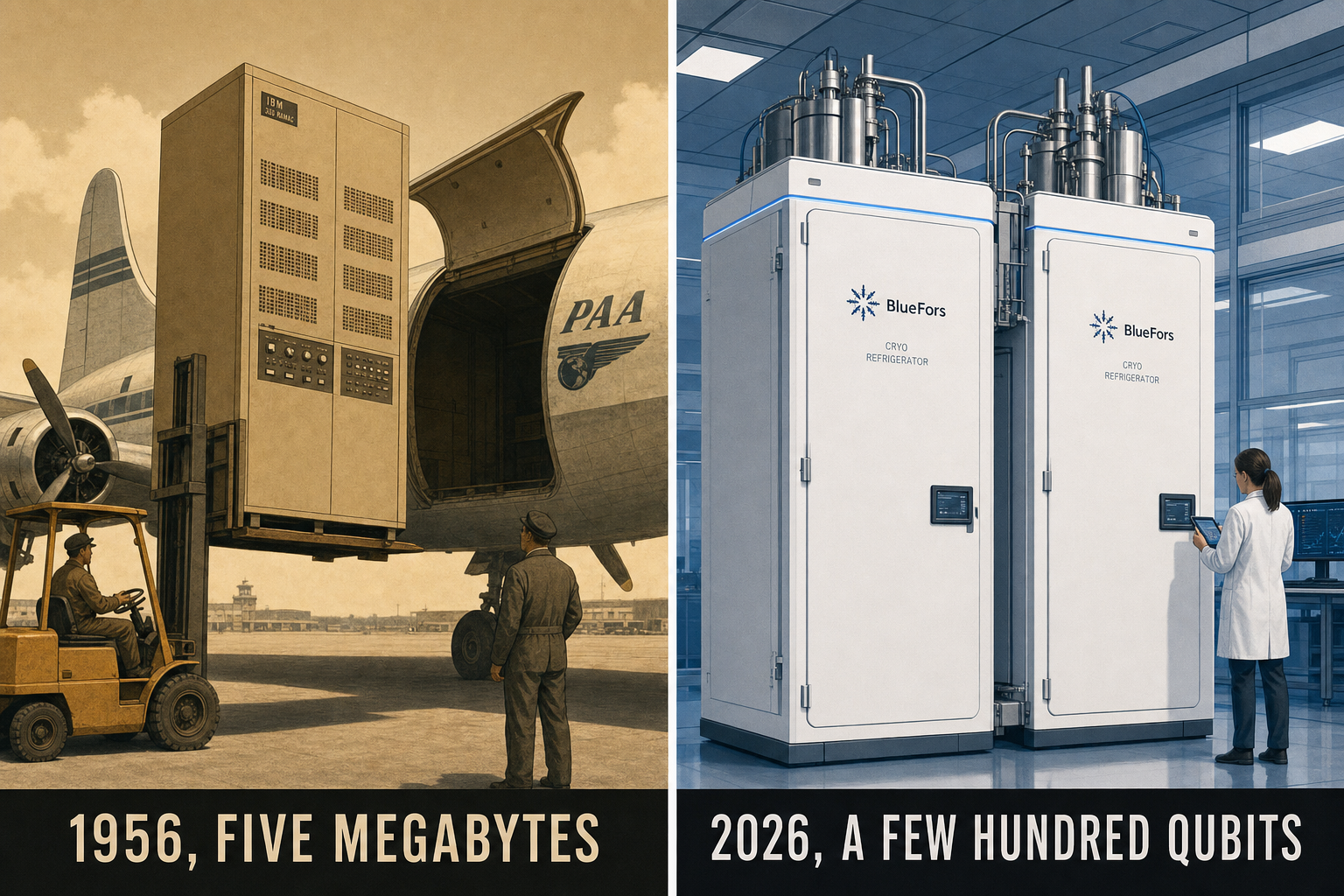 A forklift loads a 1956 IBM cabinet onto a cargo plane, and beside it two cryogenic modules from today