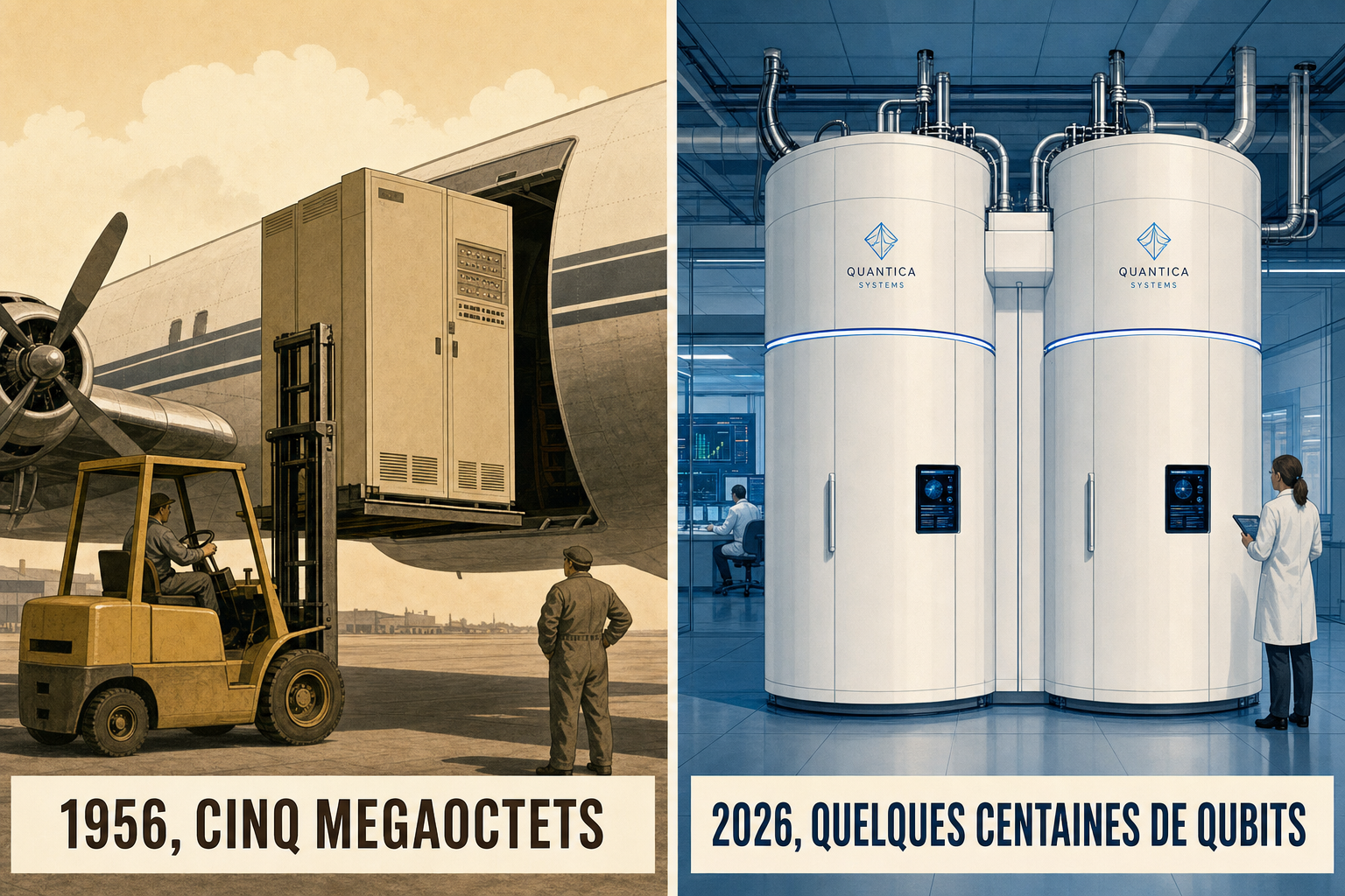 Un chariot élévateur charge une armoire IBM de 1956 dans un avion cargo, et à côté deux modules cryogéniques d'aujourd'hui