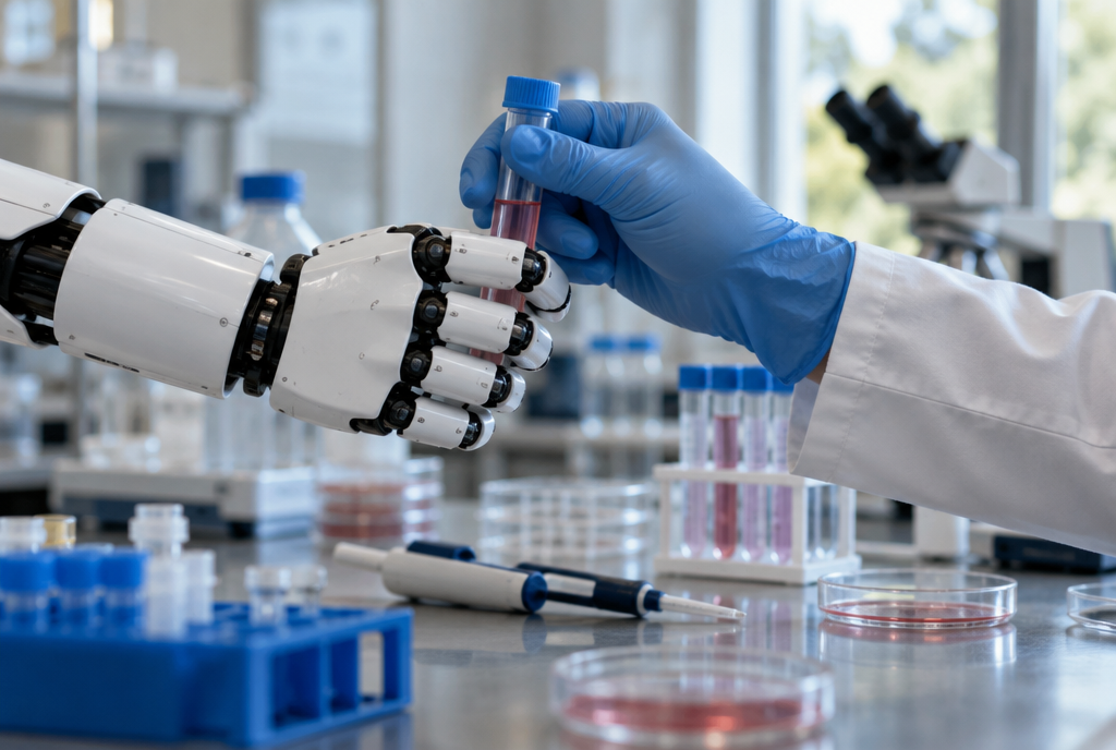 In a laboratory, a robot hand reaches its fingers toward a test tube that a blue-gloved human hand is already holding