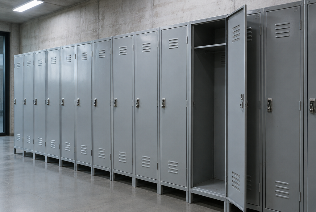A row of metal lockers, only one of which is open and empty