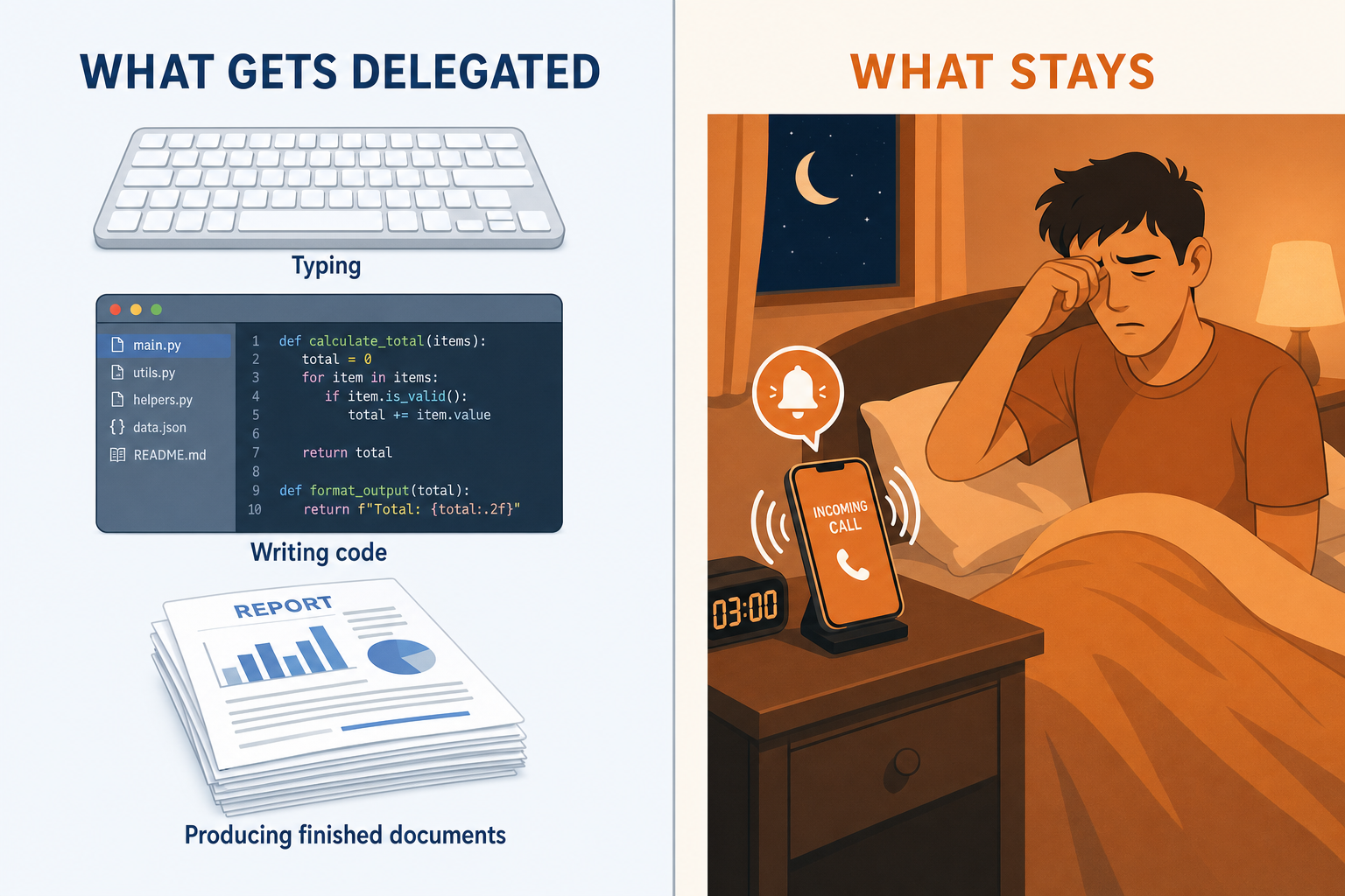 On the left, what can be delegated: a keyboard, a code editor and finished documents; on the right, what remains: a telephone ringing at three in the morning on a nightstand