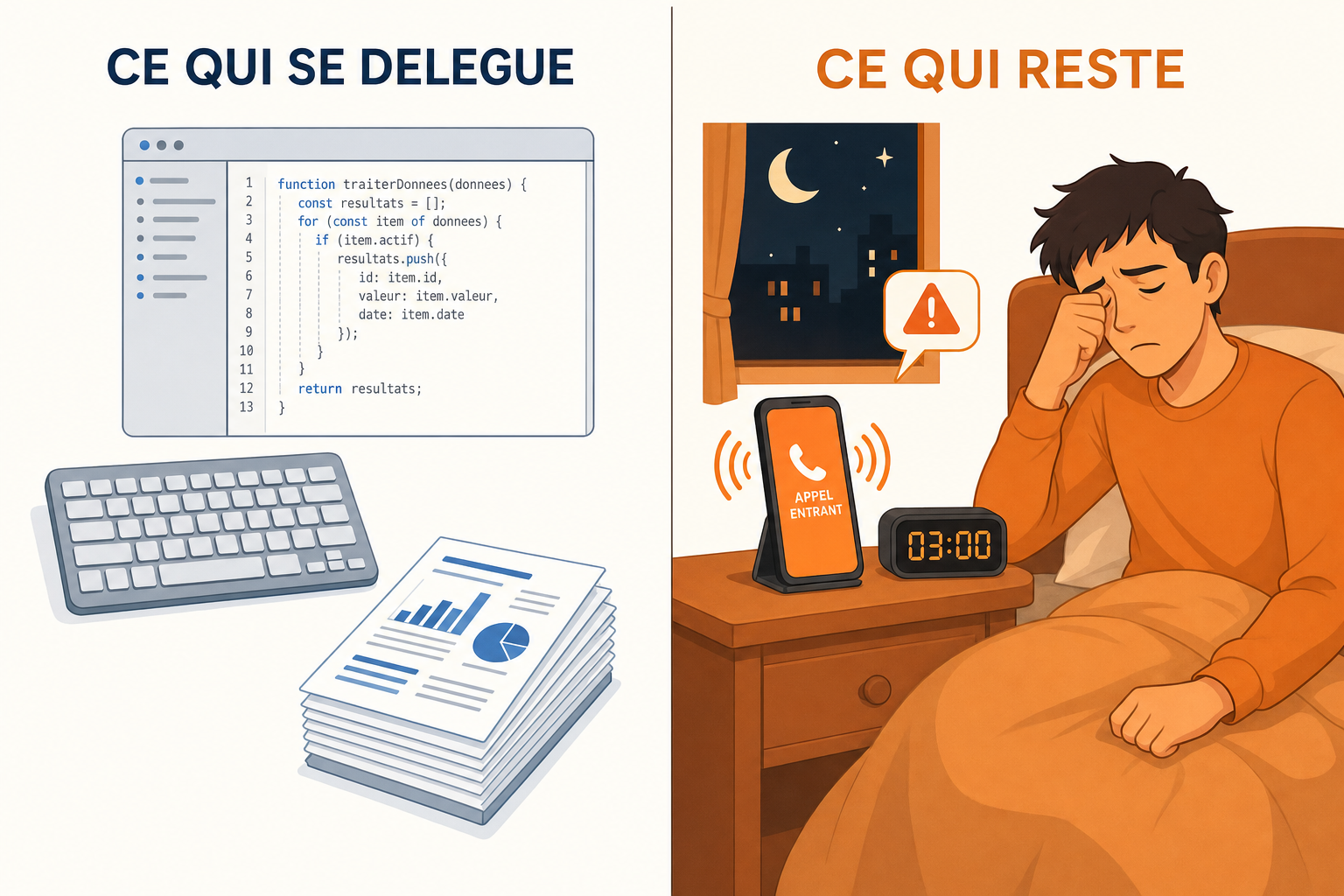 A gauche ce qui se delegue, un clavier, un editeur de code et des documents finis, a droite ce qui reste, un telephone qui sonne a trois heures du matin sur une table de nuit