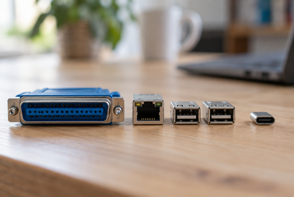 Des connecteurs informatiques anciens alignés à côté d'un seul connecteur moderne