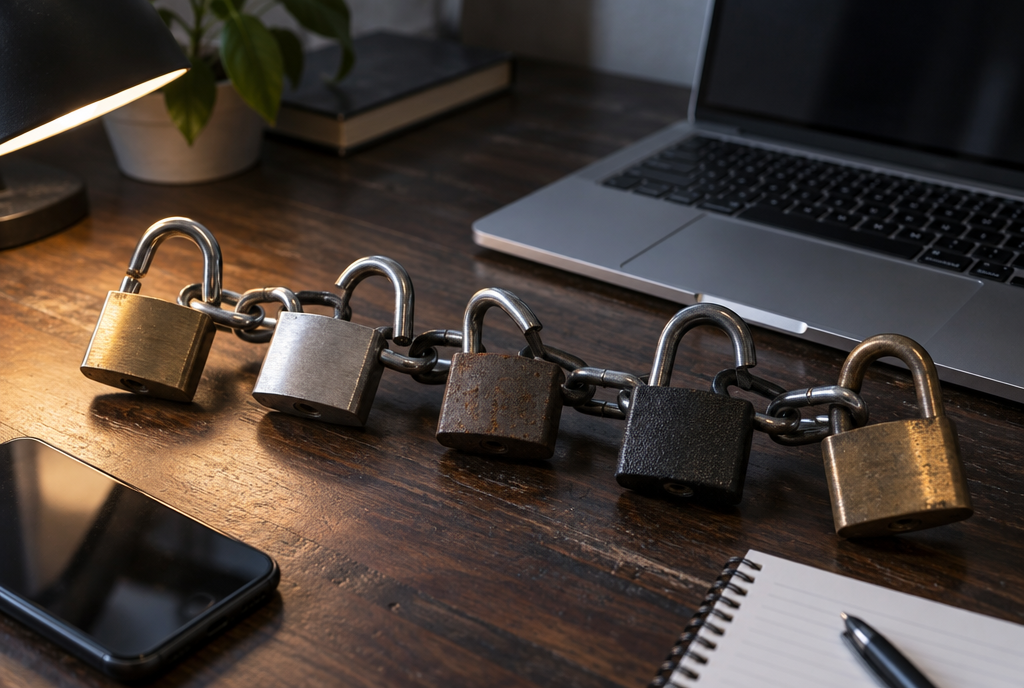 Une lourde chaîne faite de cinq cadenas différents accrochés les uns aux autres, posée sur un bureau sombre à côté d'un ordinateur portable et d'un smartphone